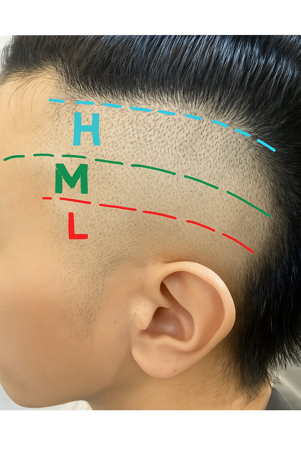 Side view fade height guide: High, Mid, Low
