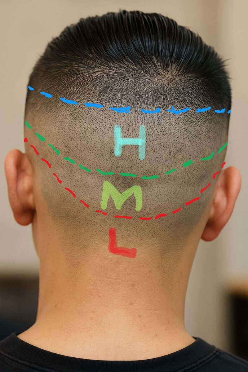 Back view fade height guide: High, Mid, Low
