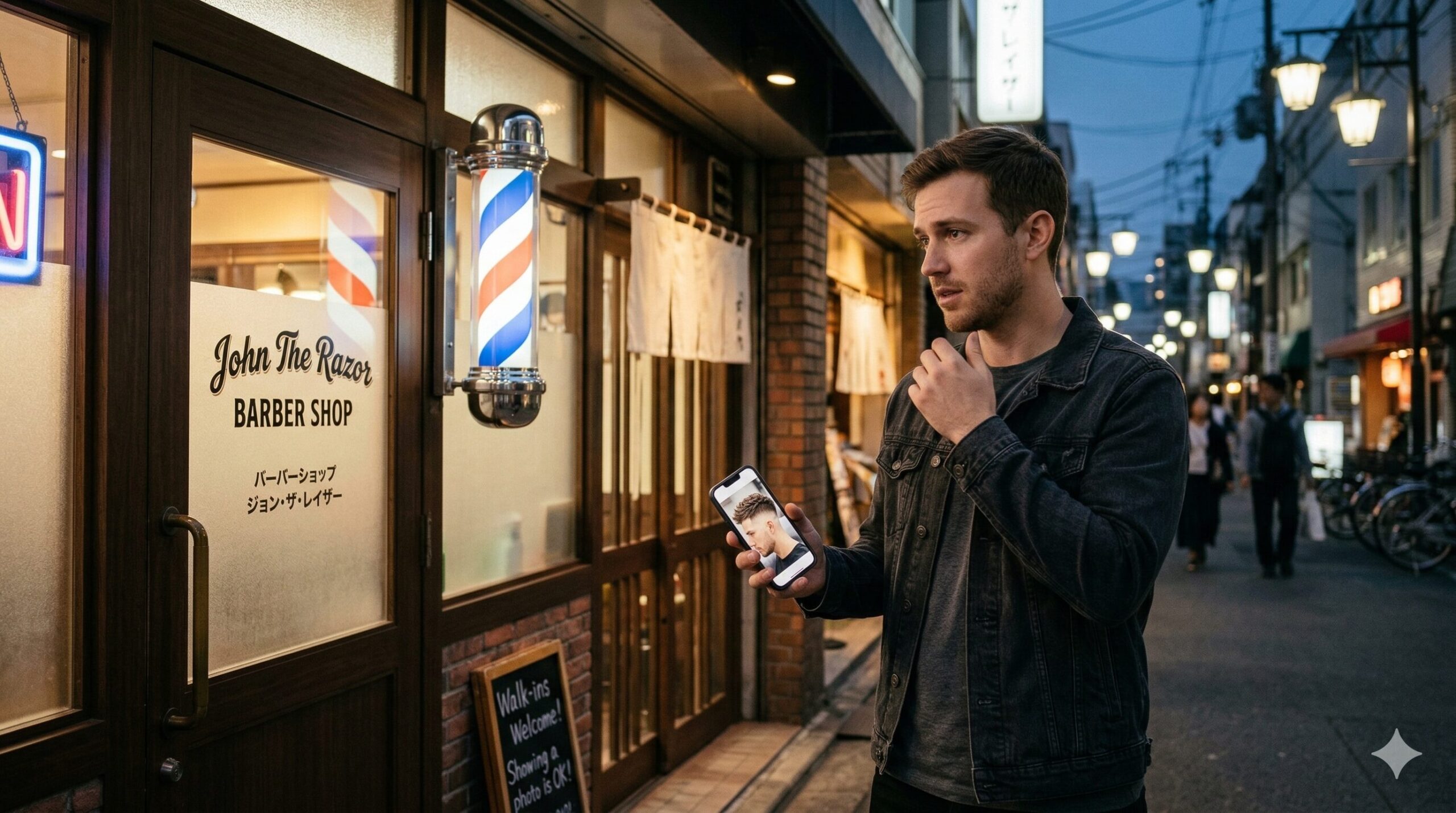 A tourist looking at a fade haircut photo on his phone in front of a Japanese barber shop named "John The Razor".