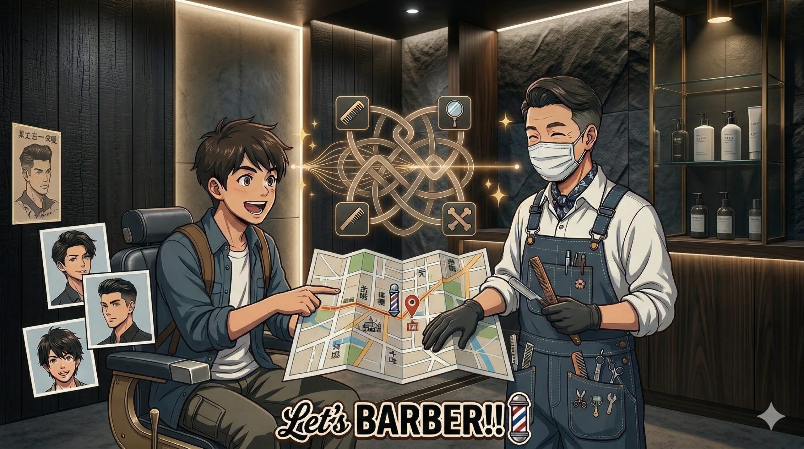 A stylish anime illustration of a young man pointing at a map to explain his desired haircut to a professional Japanese barber in a moody, modern barbershop.