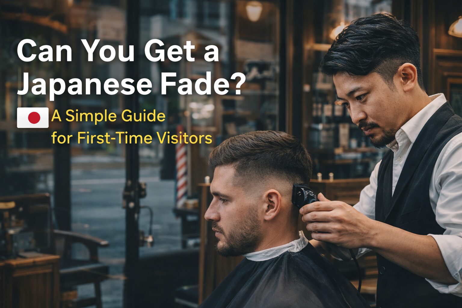Japanese barber giving a precise low fade haircut to a foreign customer in a traditional barbershop