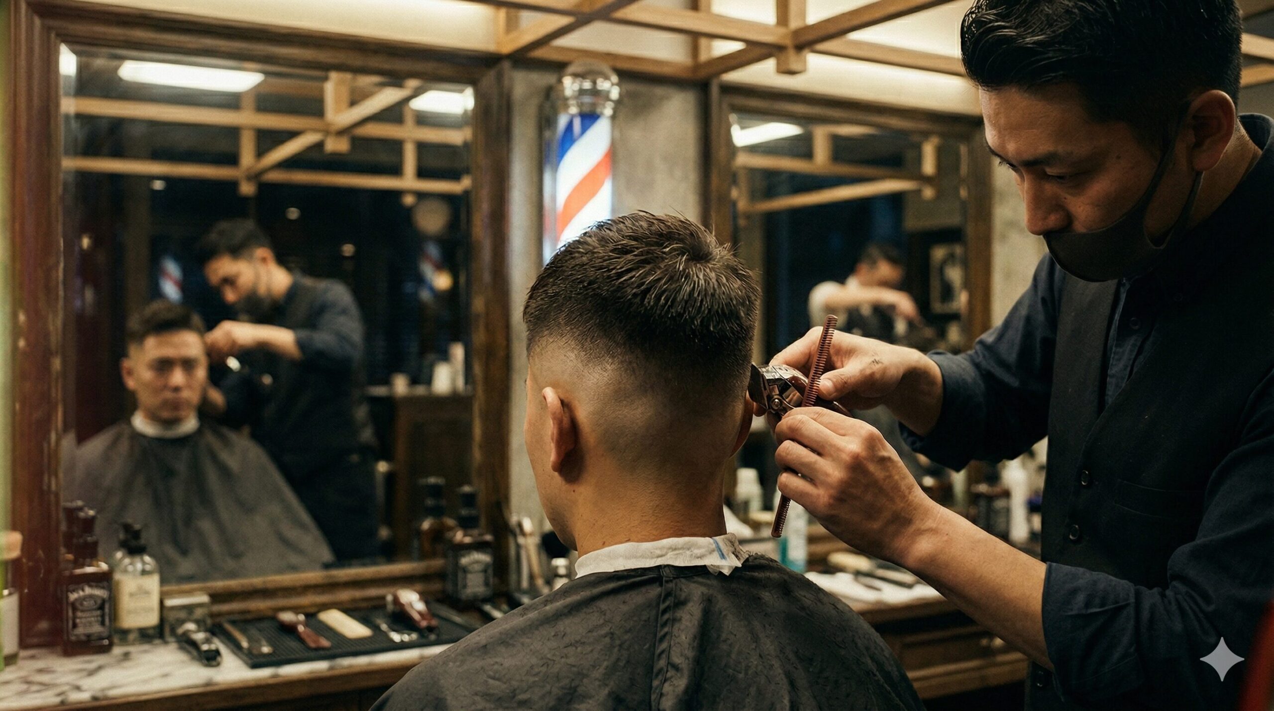 Japanese barber carefully creating a fade haircut in a barbershop