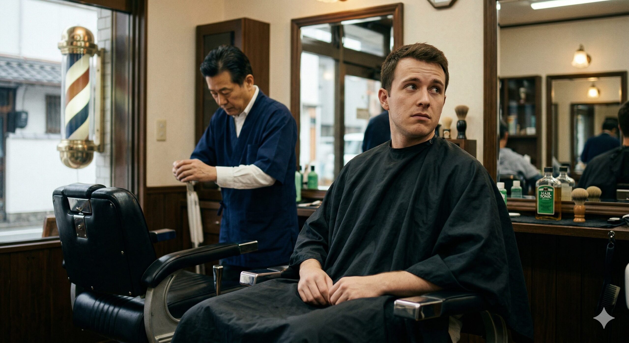 Customer sitting in a Japanese barbershop chair before getting a fade haircut