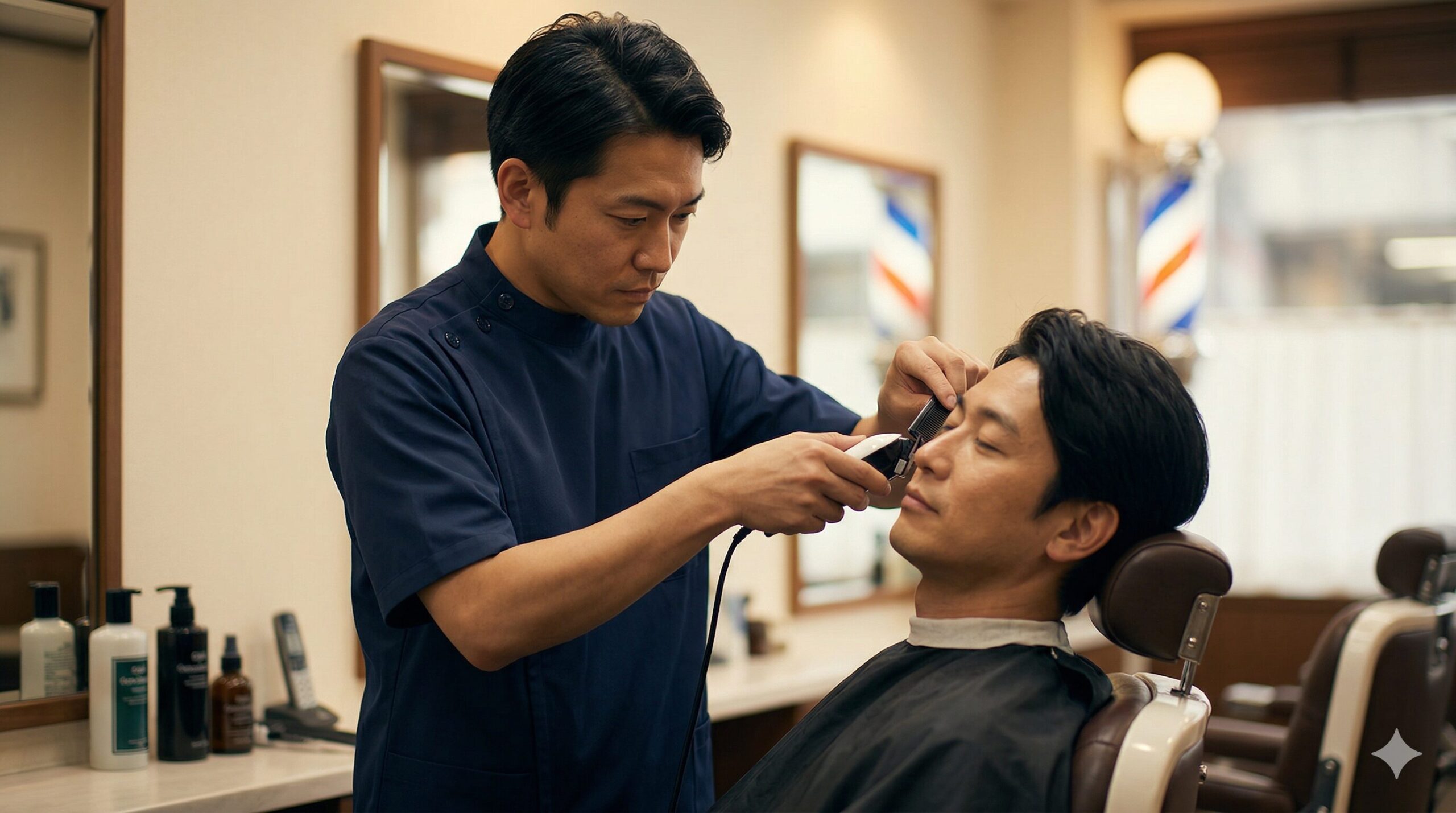 Quiet Japanese barbershop scene with a barber focused on cutting hair