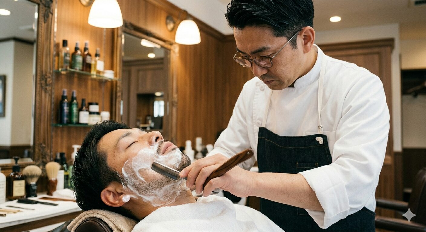 Japanese barber performing a straight razor shave on a customer at a traditional barbershop in Japan