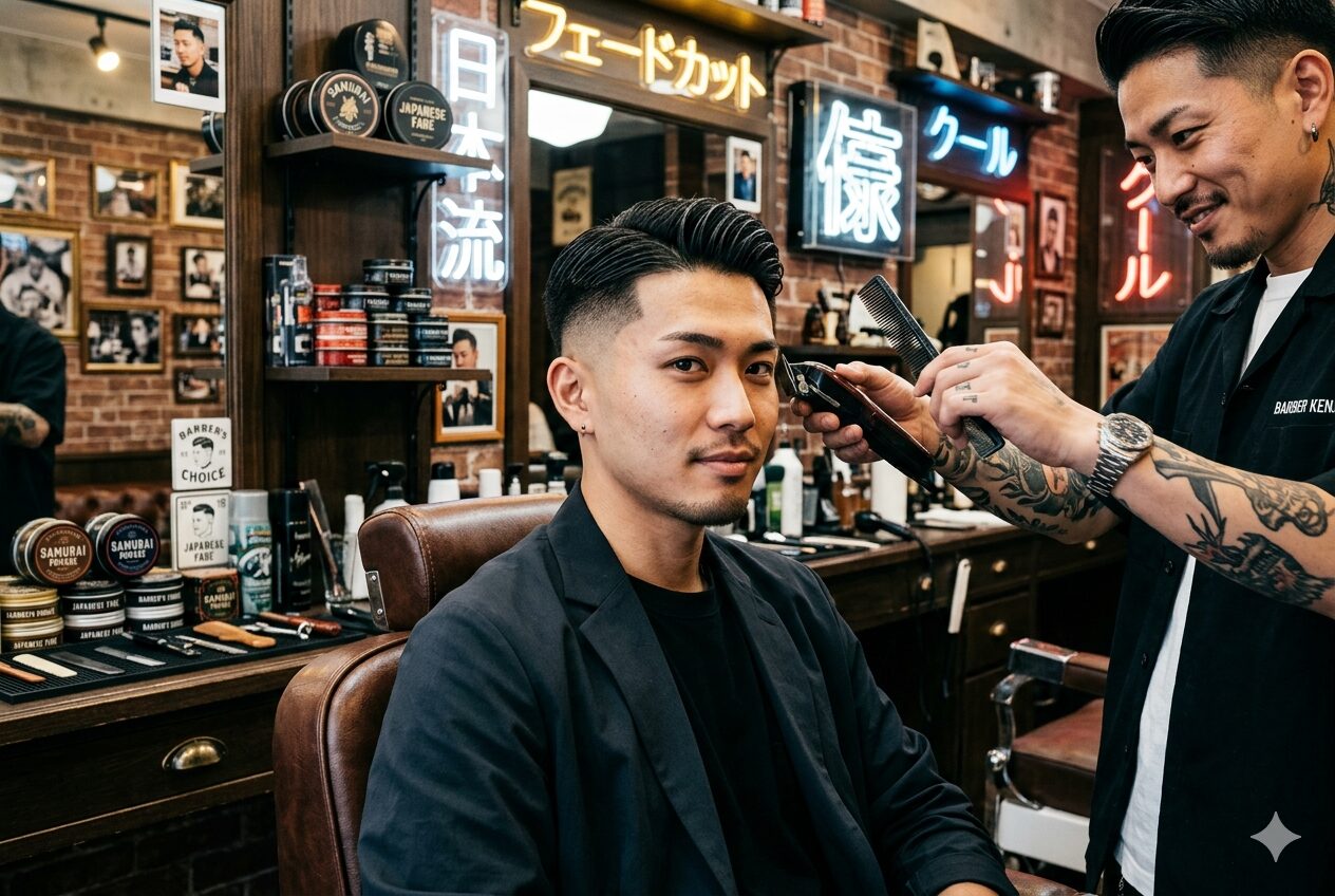 Japanese barber giving a fade haircut to a customer in a barbershop