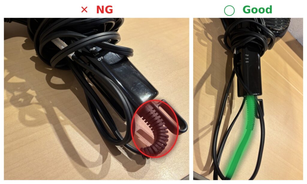 Hair dryer cord: wrapped tightly at the base (NG) vs. left with slack at the base (Good)